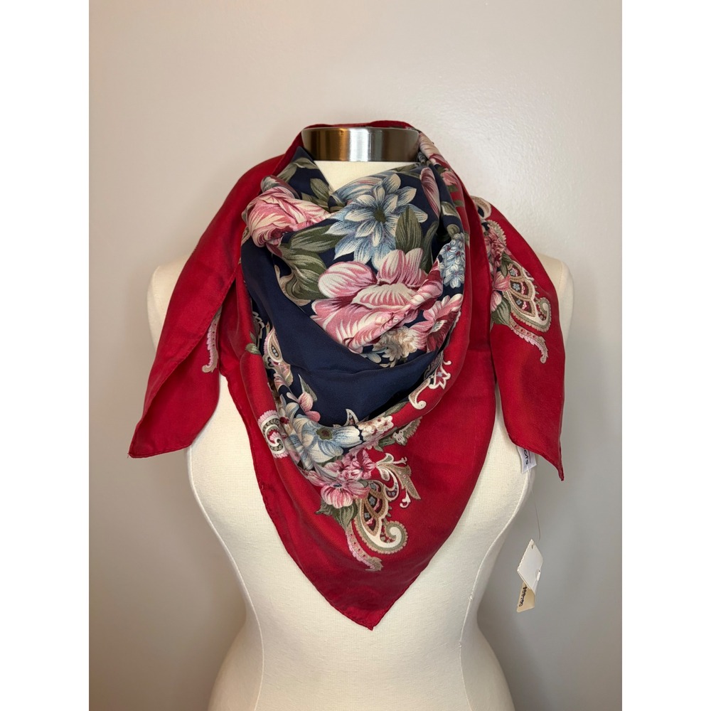 Talbots Red Blue Floral Peony 100% Silk Square Scarf Made in Japan Vintage NWT - Picture 2 of 6